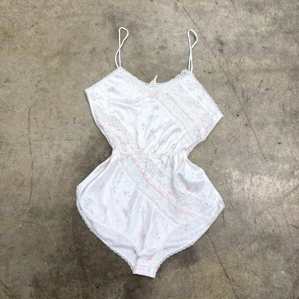 Vintage 80s Floral Lace Satin Teddy Bodysuit Made in USA Size Medium